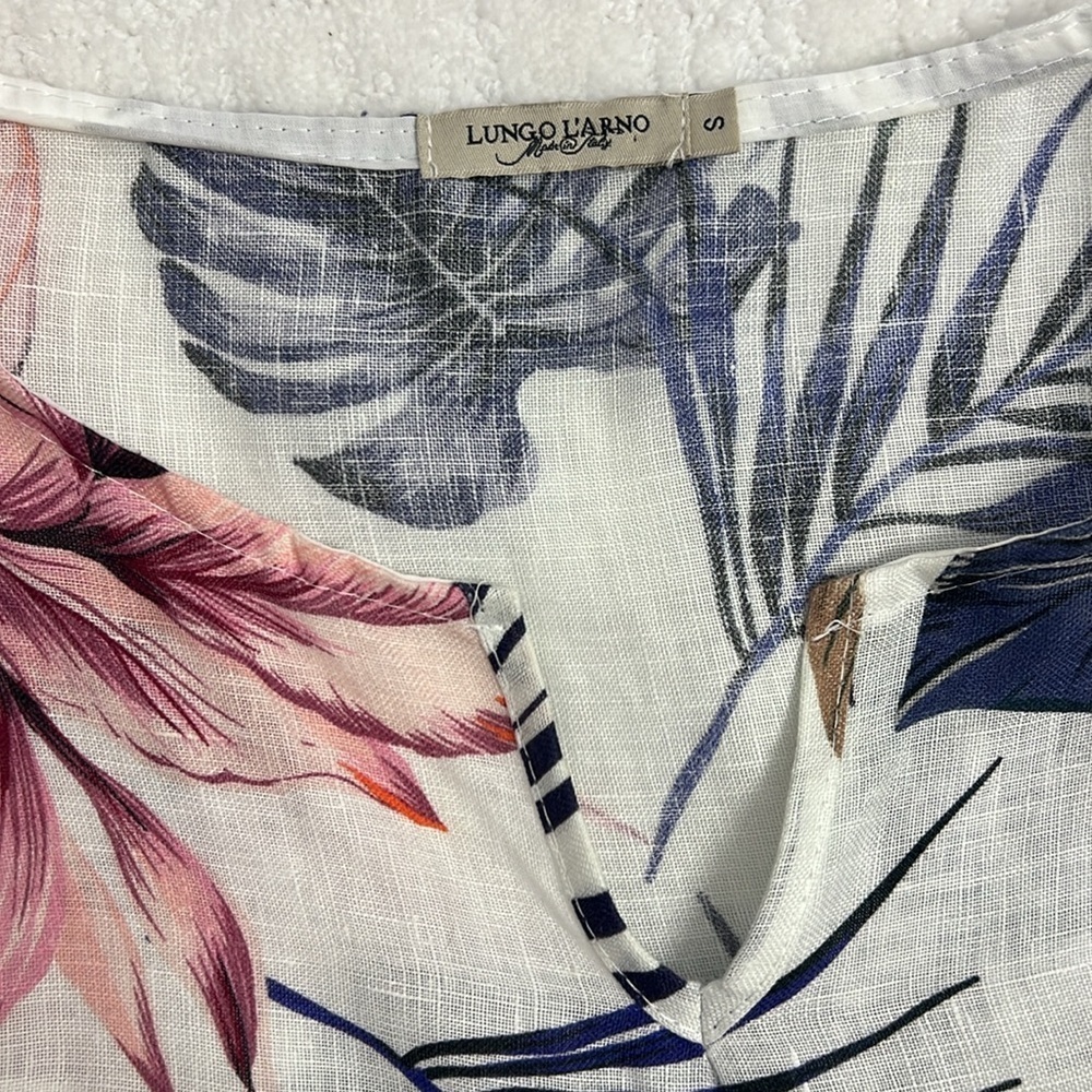 LUNGO L’ARNO linen tropical floral sleeveless made in Italy mini dress small - Picture 4 of 10